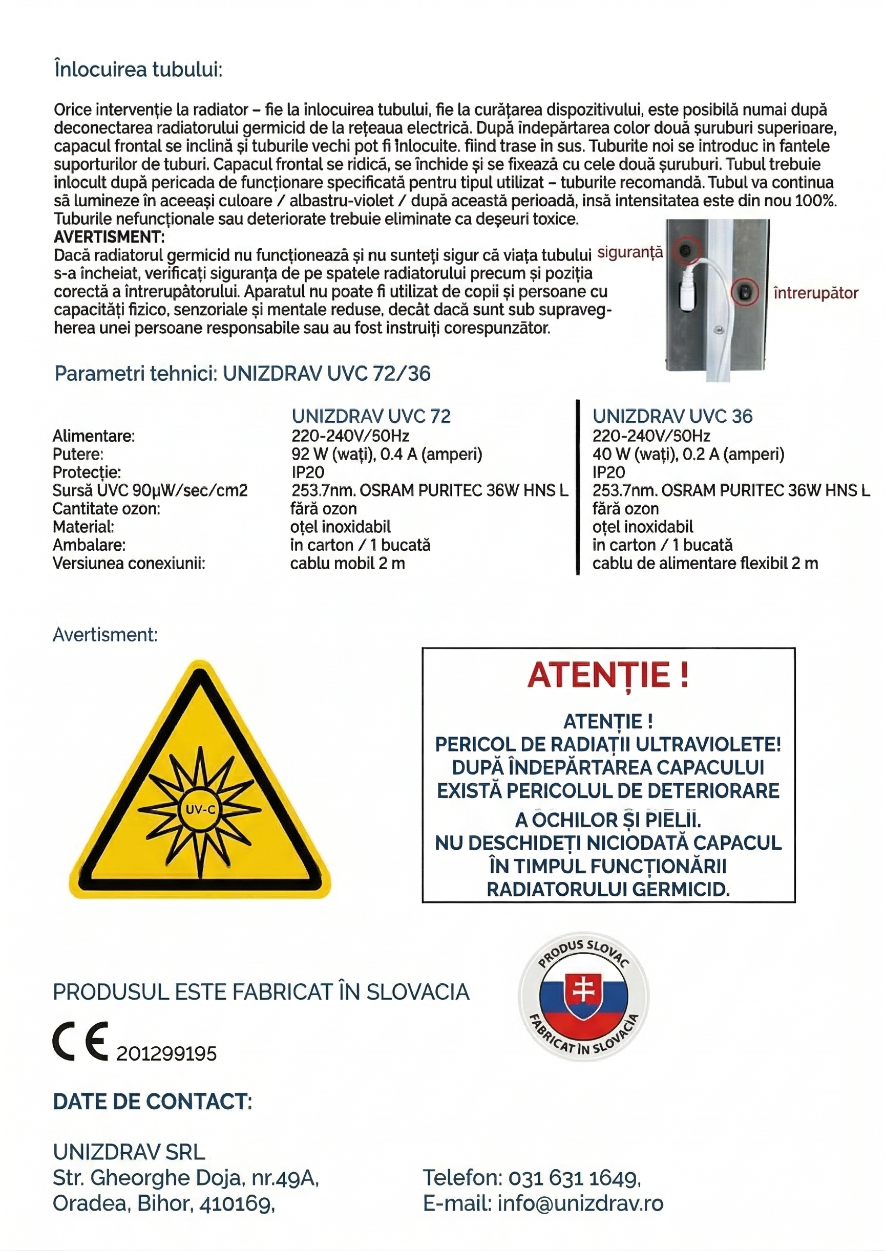 Lampă germicidă închisă pe perete UNIZDRAV