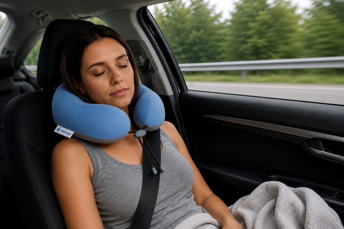 Pernă de călătorie ergonomică din spumă cu memorie, albastru