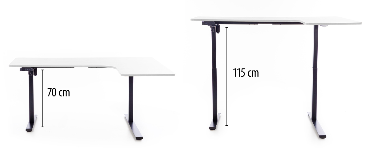 Birou reglabil pe înălțime UNIZDRAV 160x110 cm, alb - colț dreapta