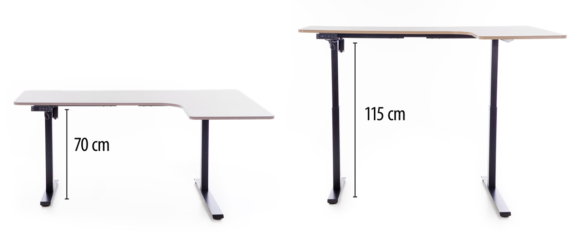 Birou reglabil pe înălțime UNIZDRAV 160x110 cm, gri - colț stâng