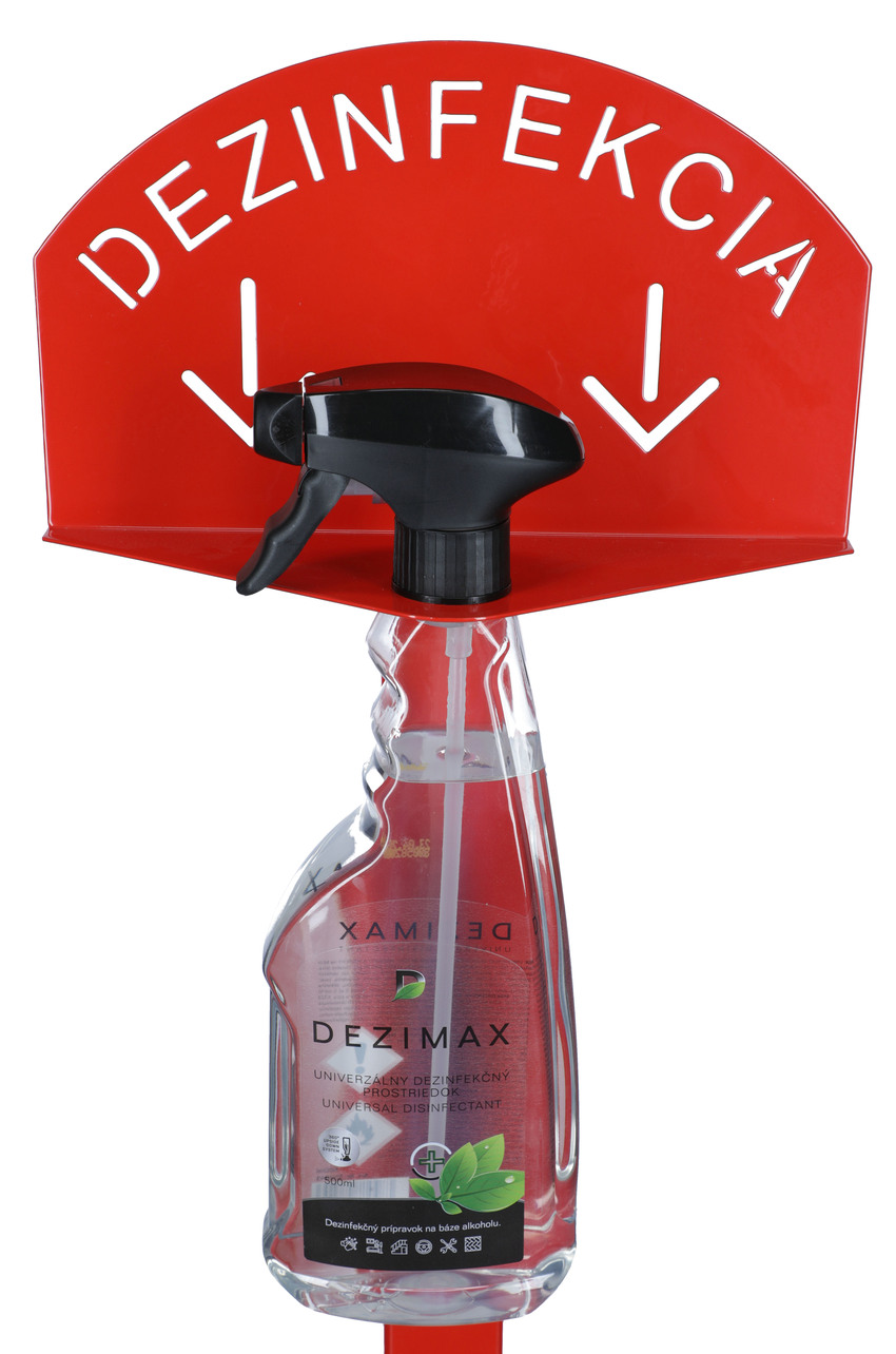 Stand roșu pentru dezinfectarea mâinilor cu dezinfectant DEZIMAX, 500 ml
