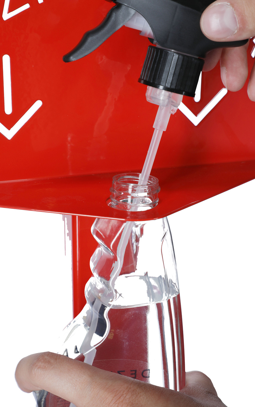 Stand roșu pentru dezinfectarea mâinilor cu dezinfectant DEZIMAX, 500 ml