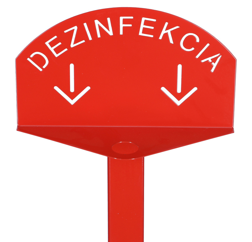 Stand roșu pentru dezinfectarea mâinilor cu dezinfectant DEZIMAX, 500 ml