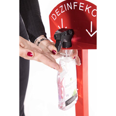 Stand roșu pentru dezinfectarea mâinilor cu dezinfectant DEZIMAX, 500 ml