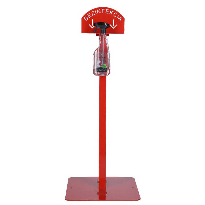 Stand roșu pentru dezinfectarea mâinilor cu dezinfectant DEZIMAX, 500 ml