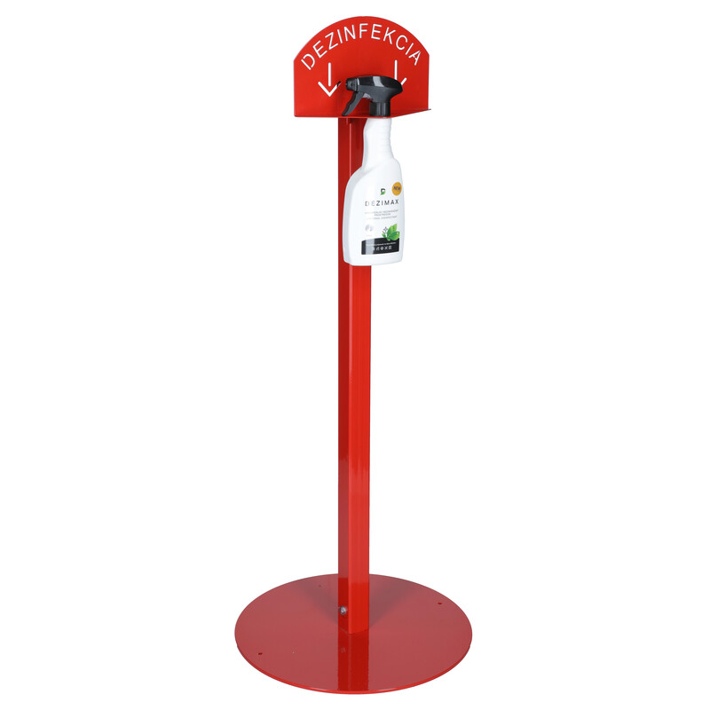 Stand roșu pentru dezinfectarea mâinilor cu dezinfectant DEZIMAX, 500 ml