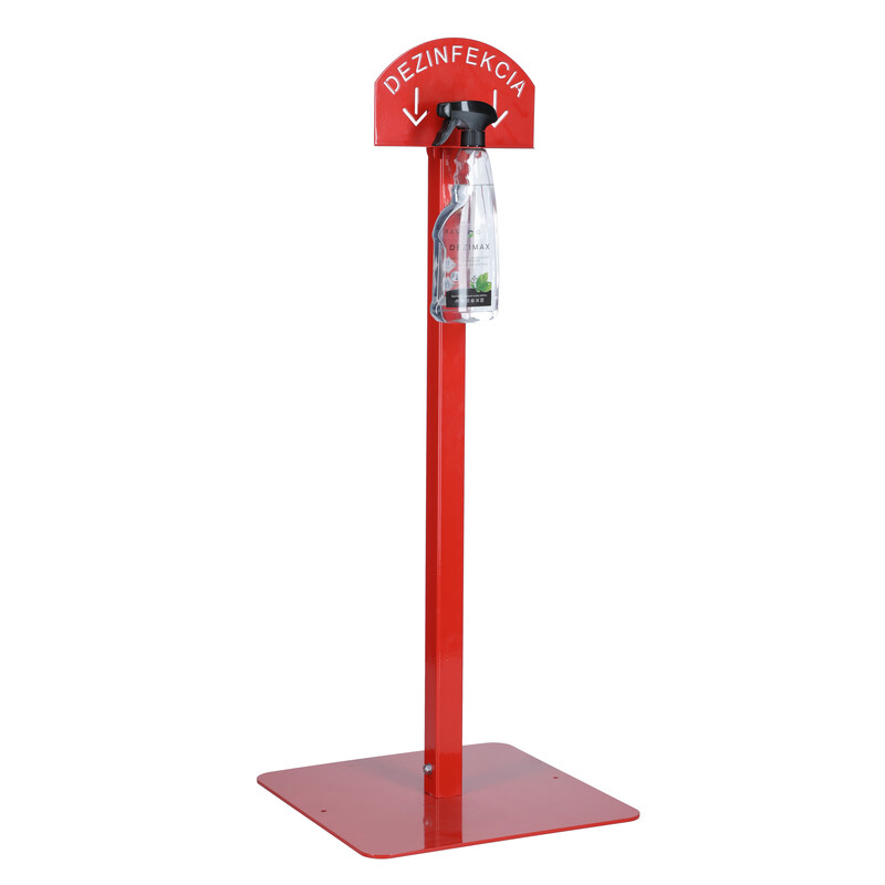 Stand roșu pentru dezinfectarea mâinilor cu dezinfectant DEZIMAX, 500 ml