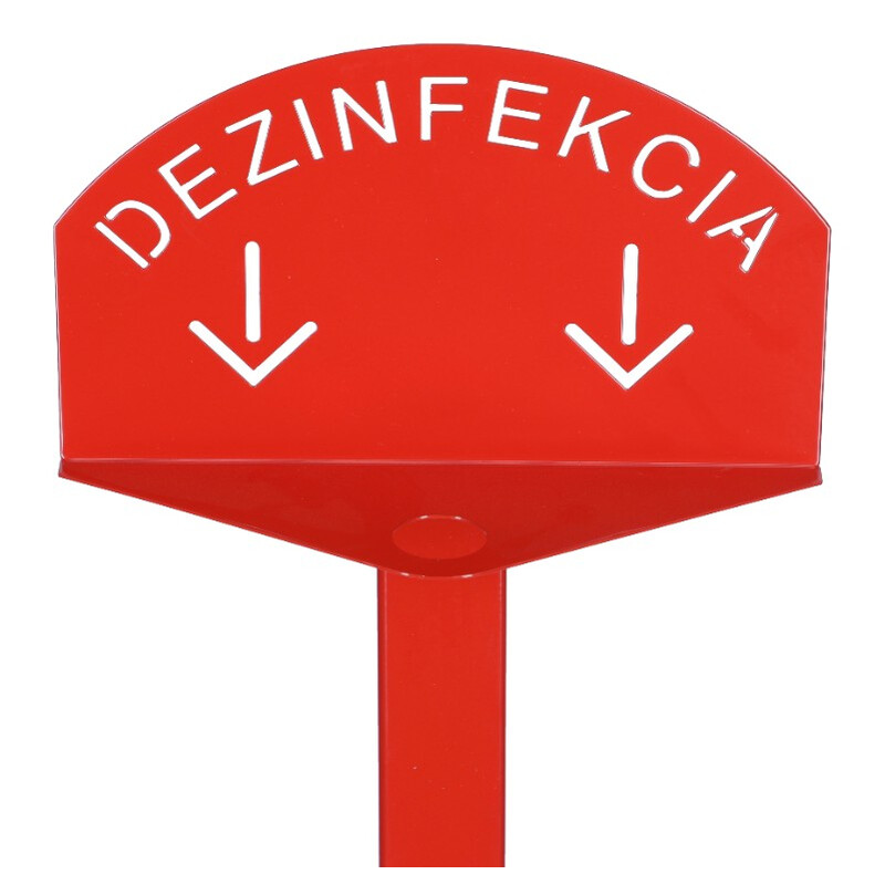 Stand roșu pentru dezinfectarea mâinilor cu dezinfectant DEZIMAX, 500 ml