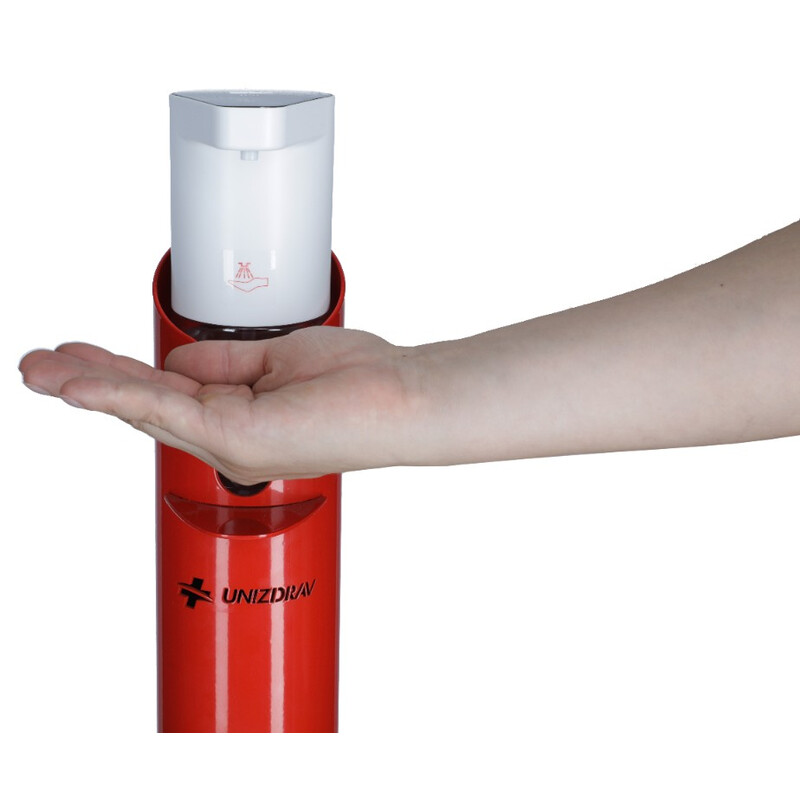 Dozator automat pentru dezinfecție cu suport UNIZDRAV, roșu