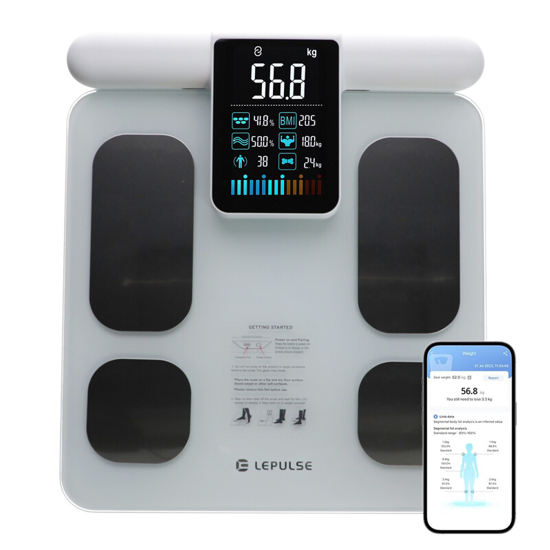 Cântar profesional SMART cu funcție de analiză corporal și afisaj LED pe mâner + aplicație mobilă și Bluetooth (Produs folosit)